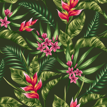 Tropical floral seamless pattern with plumeria and heliconia flowers in watercolor styleのイラスト素材