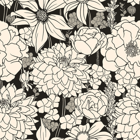 Floral seamless pattern with white flowers on black backgroundのイラスト素材