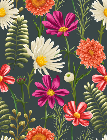 Floral seamless pattern with flowers and leaves on dark background in watercolor styleのイラスト素材
