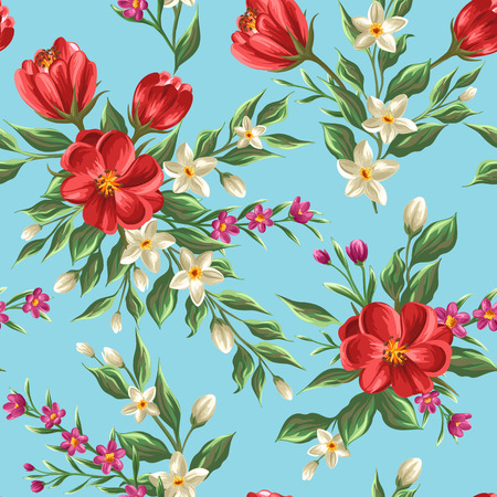 Floral seamless pattern with flowers and leaves on blue background in watercolor styleのイラスト素材