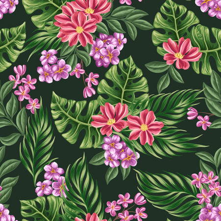 Floral seamless pattern with flowers and leaves on dark background in watercolor styleのイラスト素材