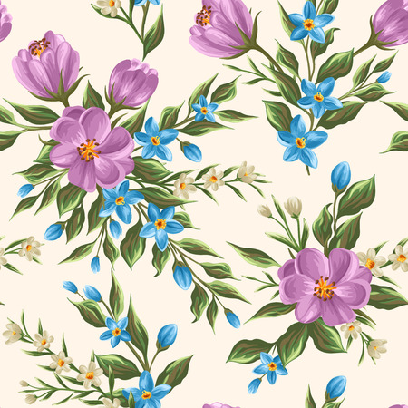 Floral seamless pattern with flowers and leaves on beige background in watercolor styleのイラスト素材