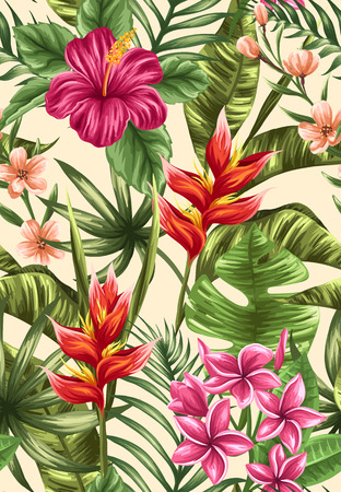 Tropical floral seamless pattern with plumeria and hibiscus flowersのイラスト素材