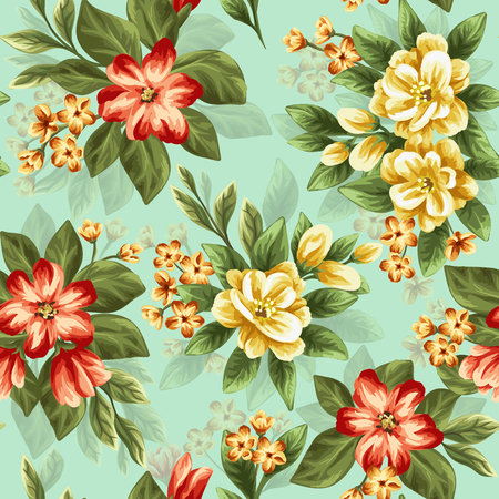 Floral seamless pattern with pink, white and red flowers and leaves on blue background.のイラスト素材