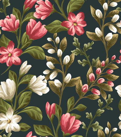 Floral seamless pattern with white and red flowers on dark background in watercolor styleのイラスト素材