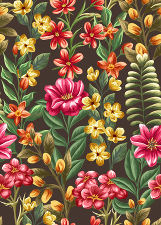 Floral seamless pattern with beauty flowers on dark background in watercolor styleのイラスト素材