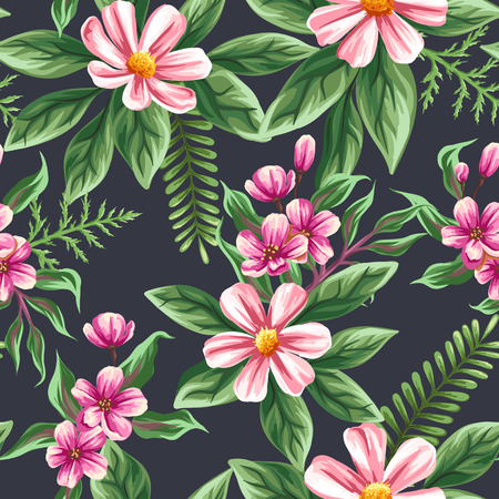 Floral seamless pattern with flowers and leaves on dark background in watercolor styleのイラスト素材