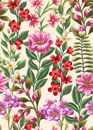 Floral seamless pattern with beauty flowers on beige background in watercolor styleのイラスト素材