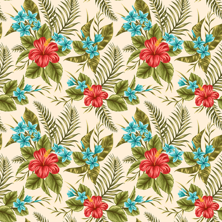 Tropical floral seamless pattern with plumeria and hibiscus flowersのイラスト素材