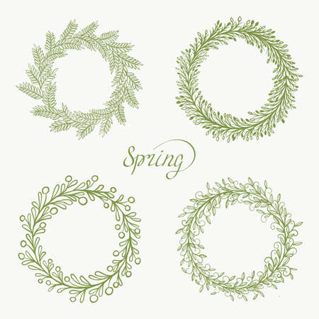 Set of four floral wreath on white background and spring letteringのイラスト素材