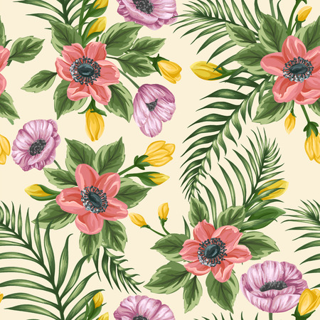 Floral seamless pattern with tropical leaves, anemones and poppies. Square shape. Beige backgroundのイラスト素材