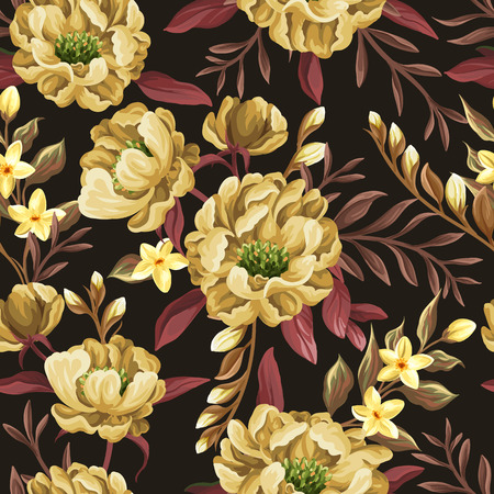 Floral seamless pattern with peonies and sweet peas on beige backgroundのイラスト素材