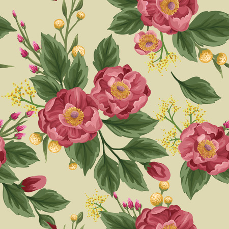 Floral seamless pattern with peonies and sweet peas on beige backgroundのイラスト素材