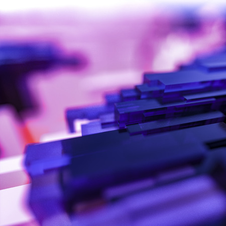 Abstract blue and vibrant glowing purple to pink background with center focus on densely packed...