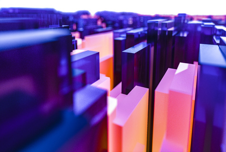 Abstract blue and vibrant glowing purple to pink background with center focus on densely packed...