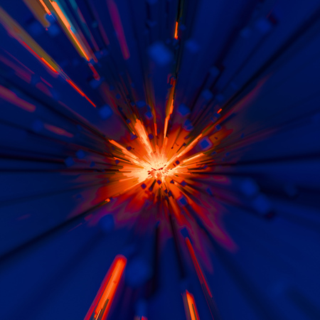 Fiery explosion or blast concept with rectangular dark blue rods on a bright flame colored orange radiating background in square format. Light flow energy tunnel.の写真素材