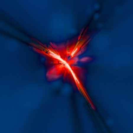 Fiery explosion or blast concept with rectangular dark blue rods on a bright flame colored orange radiating background in square format. Light flow energy tunnel.の写真素材