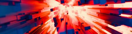 Abstract energy internet data tunnel background of colorful diverging radiating rods or geometric rectangular pillars in red, blue and orange in a full frame banner formatの写真素材