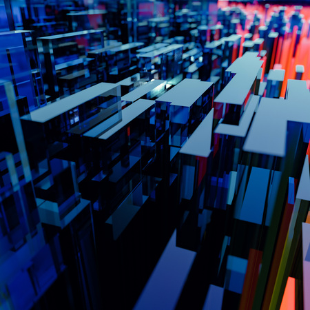 Abstract cityscape of three dimensional blue and red rectangular glass polygons against a blue sky...
