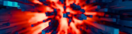 Abstract energy internet data tunnel background of colorful diverging radiating rods or geometric rectangular pillars in red, blue and orange in a full frame banner formatの写真素材