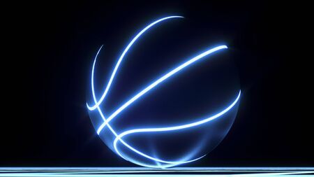 3D digital rendering of single blue neon basketball ball not moving on top of blue glowing crisscross pattern floor. For your flyer or webbannerの写真素材