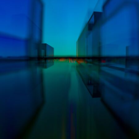 3D Illustration modern abstract background with blue glass shapes in perspective mirroring the sky...