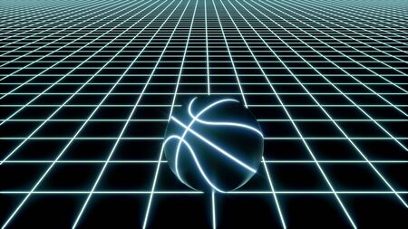 3D rendering of single blue neon basketball ball not moving on top of blue glowing crisscross...