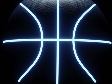 3D rendering of single black basketball with bright blue glowing neon lines sitting in completely black surroundingsの写真素材