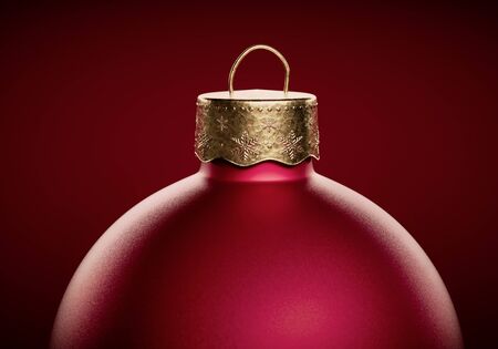 Red christmas ball close-up against dark red background. Template for greeting card or design. With Copy space.の写真素材