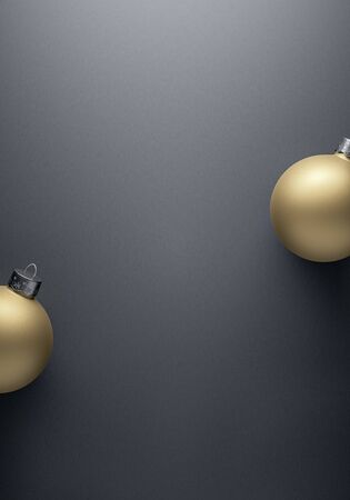 Two matte gold Christmas baubles on grey gradient background for modern design winter holiday card. Design Template or art Greeting Card.の写真素材
