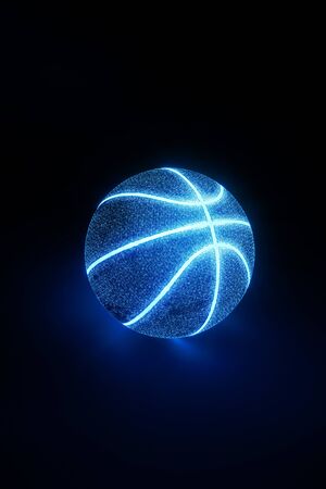 3D Rendering of creative basketball with glowing blue neon seams on a midnight blue background casting a glow on the surface below with copy spaceの写真素材