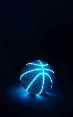 3D Rendering of creative basketball with glowing blue neon seams on a midnight blue background casting a glow on the surface below with copy spaceの写真素材