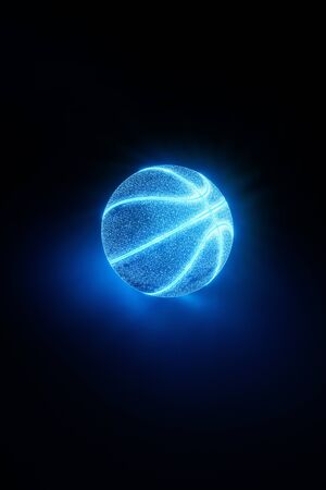 3D Rendering of creative basketball with glowing blue neon seams on a midnight blue background casting a glow on the surface below with copy spaceの写真素材
