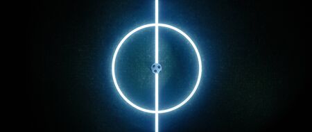 Neon soccer field center in cropped and viewed from above, with black ball in the middle and glowing...