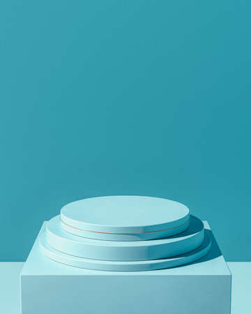 Minimal blank light cyan podium for product presentation. Color round platform placed on square...