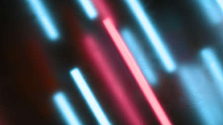 Abstract light bars background. Defocused vertical cyan and red neon light lines against dark...