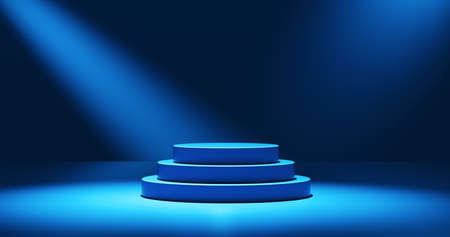 Blank blue podium for product presentation. Color round pedestal placed on studio floor. 3D shaded, light from top. blue color gradient in background.の写真素材