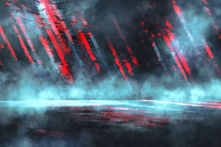Empty room background for product placement or showcase with concrete pavement. red and blue neon...