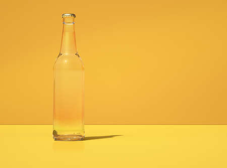 3D illustration of transparent glass beer bottle against yellow background. Illuminated from left side.の写真素材
