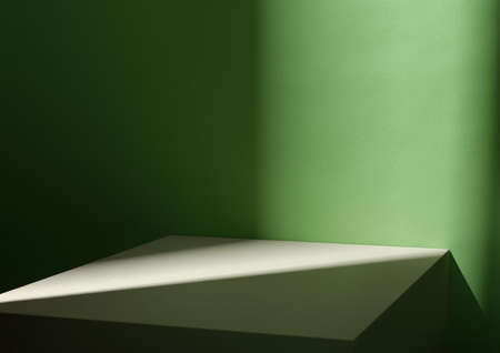 Thin stripe of light illuminating horizontally divided background. White and green. Computer rendering product background.の写真素材