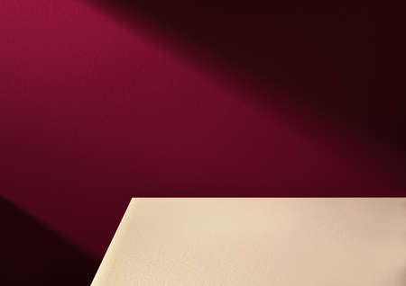 3D illustration of beige podium and red background lit by diagonal light stripe. Computer rendering product background.の写真素材