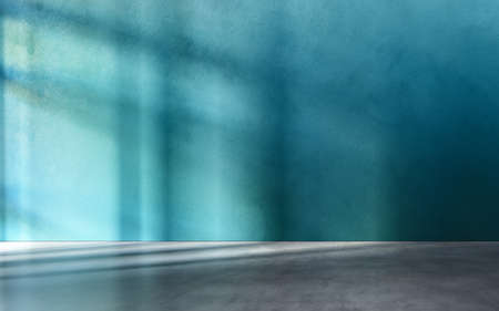 Blue textured wall with gray concrete floor as place for displaying your product, light coming through window. 3D illustration.の写真素材