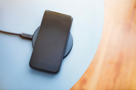 Top down view of smartphone lying on round charging pad. Light blue and wooden texture background. Modern technology, wireless device and transfer of energy concept.の写真素材