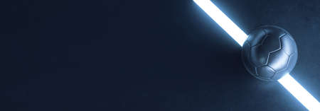 Blue futsal ball on a futuristic indoor soccer field with glowing white line and copy space...