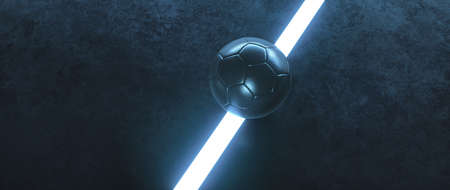 Blue futsal soccer field with ball in the center and light glowing lines backgroundの写真素材