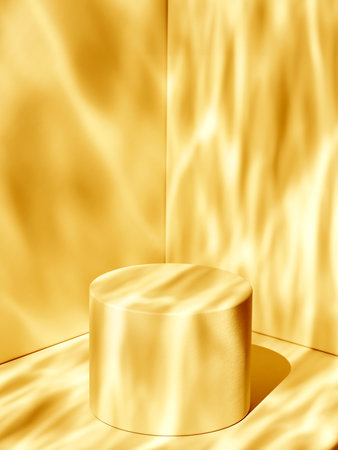 Cylindrical pedestal, scene with rippled sunny water texture. 3d computer graphic template of displaying place for your products. Blank template.の写真素材