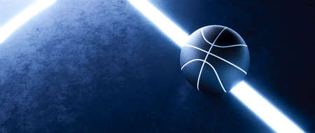 Modern basketball and glowing lines on play field. Abstract theme of ball sport equipment. Neon...