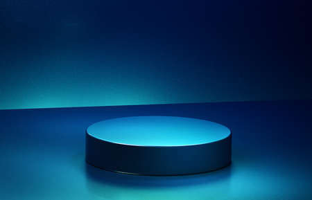 Empty round blue podium. 3d computer graphic template of displaying place for your products. Blank template.の写真素材