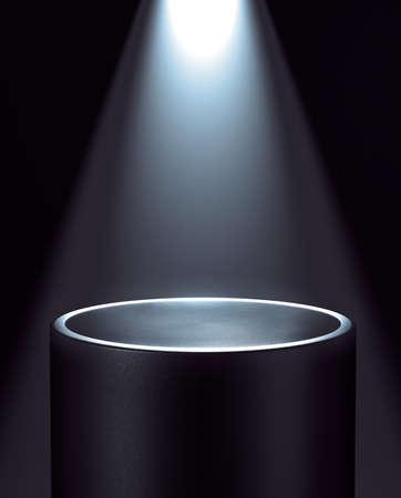 Empty dark pedestal illuminated by spotlight from top. 3d computer graphic template of displaying place for your products. Blank template.の写真素材