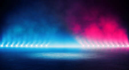 Showroom lamps beam light to stage spotlight scene. Bright neon violet sci-fi blue spotlights. Spot...